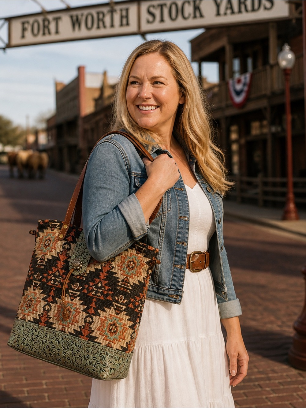 Myra Southwestern Geometric Tapestry & Tooled Leather Tote Carryall Boho